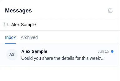 The Messages inbox filtered to one unread conversation, with Inbox and Archived tabs visible.