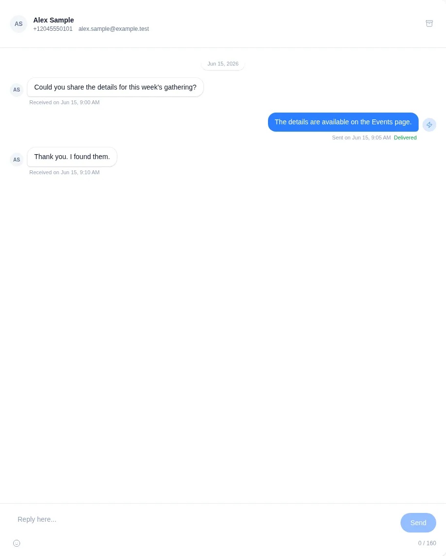 A fictional SMS thread showing incoming and delivered messages above the empty reply composer.