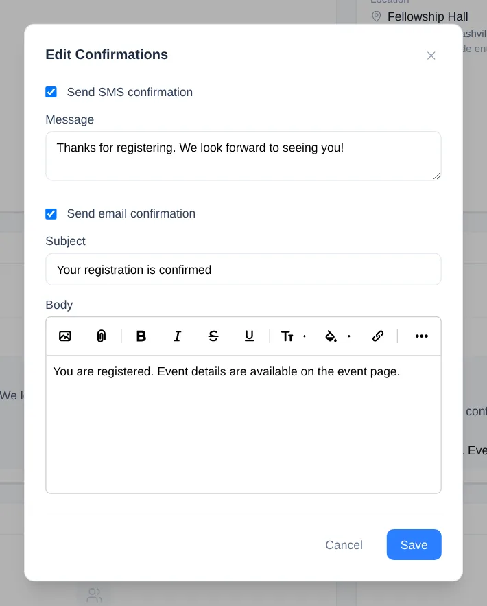 Edit Confirmations dialog with enabled SMS and email confirmation fields and complete dialog controls.