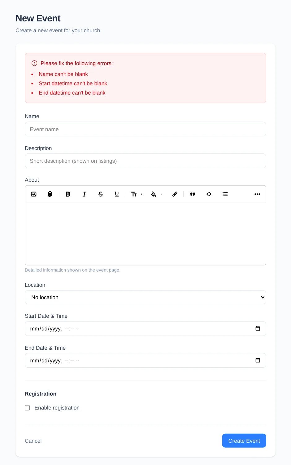 The New Event form showing the three required-field validation messages and the complete Event details card.