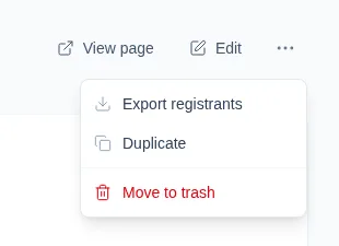 The Event action menu with Duplicate between Export registrants and Move to trash.