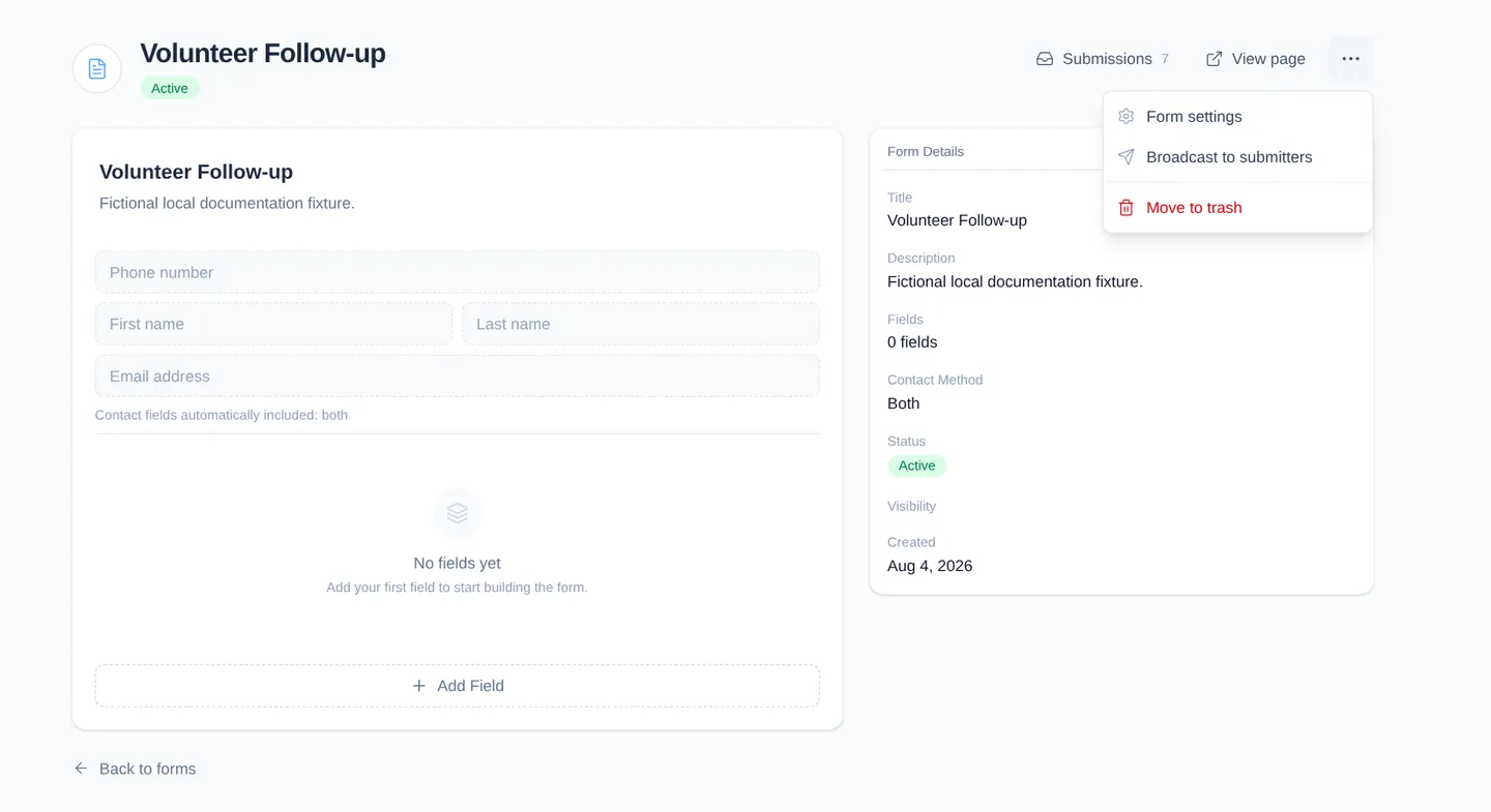 A Form’s actions menu with Broadcast to submitters available.