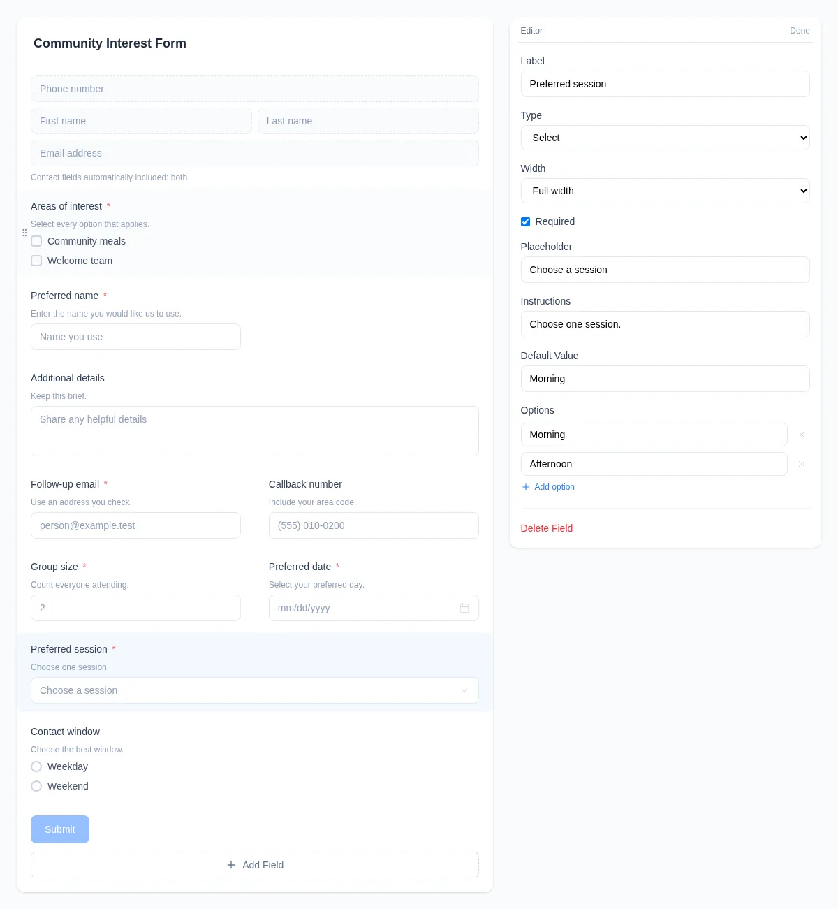 Form builder showing configured fields, full- and half-width layouts, a selected Dropdown field, and its complete Editor card.
