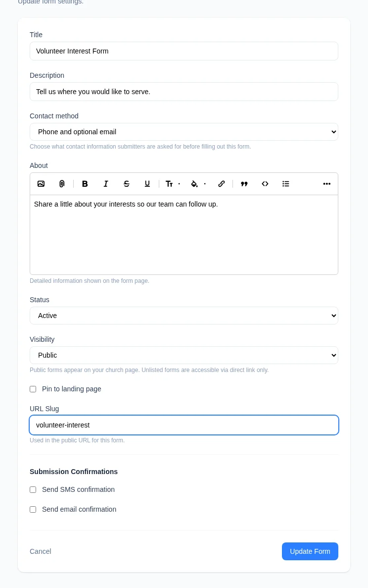 The complete Form settings card with Active status, Public visibility, URL slug, and confirmation controls.