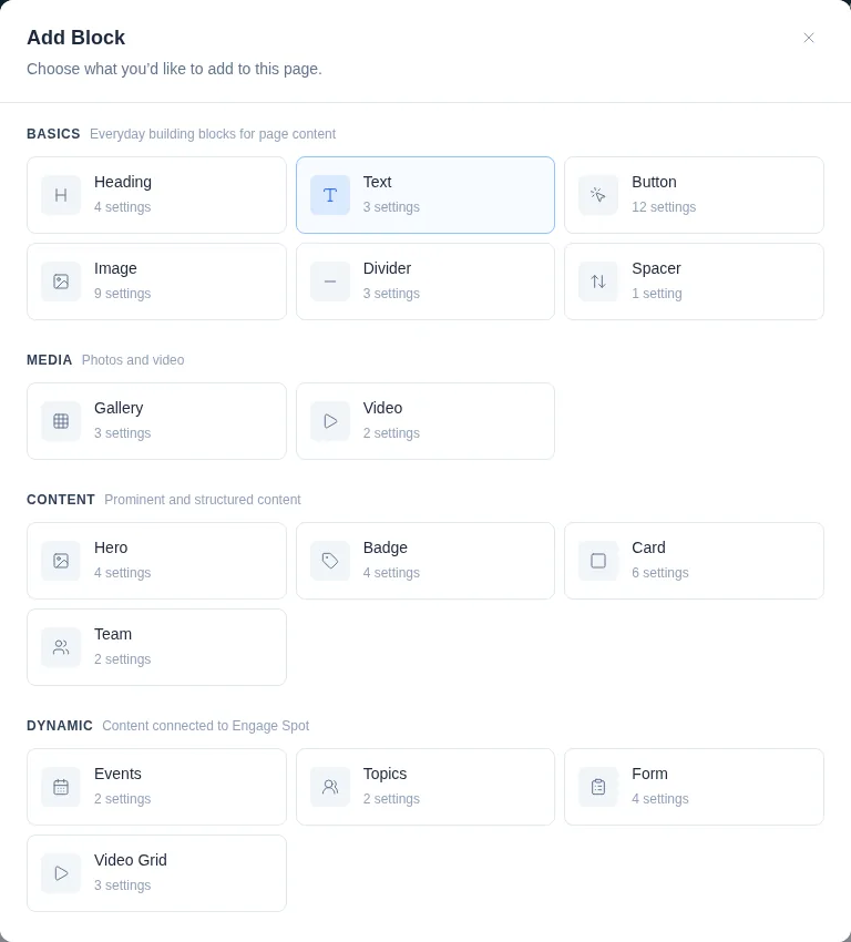 The Add Block window with the Form option in the Dynamic group.