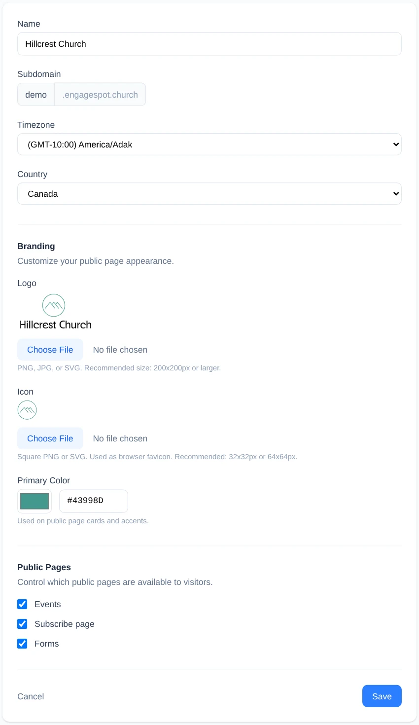 Church Details form showing church information, branding, and public-page settings.