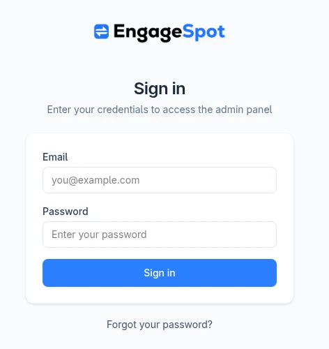 Engage Spot admin sign-in page with email and password fields.