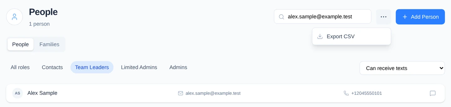 People filtered to one Team Leader who can receive texts, with the Export CSV action open.
