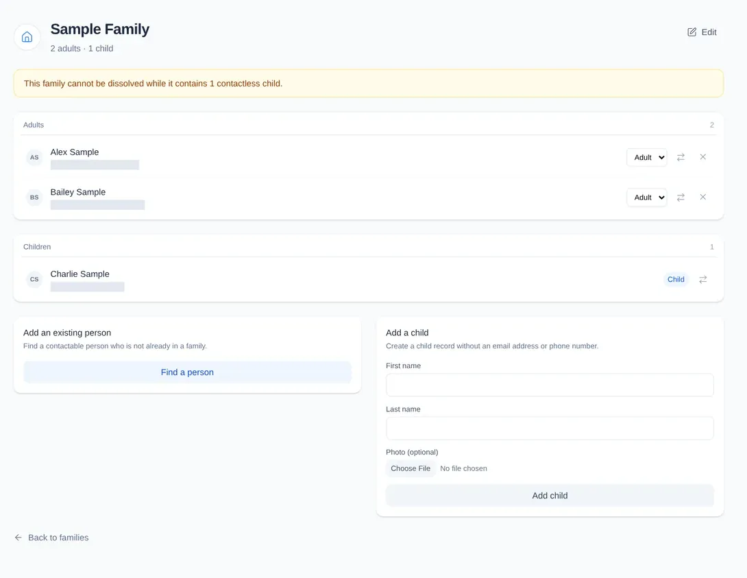 Sample Family profile showing two adults, one contactless child, and the warning that prevents dissolution.