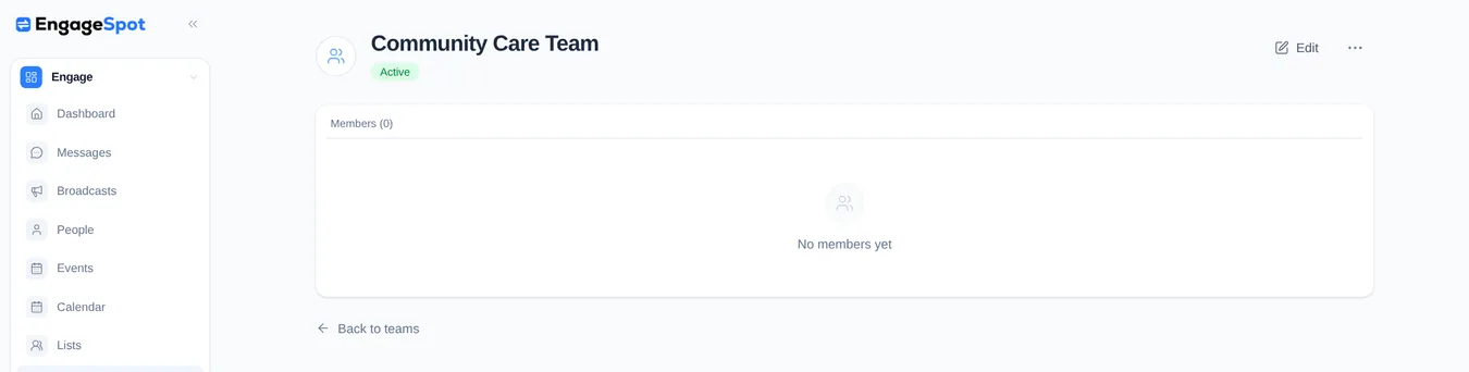 An Active Team overview showing its name, status, and empty Members section.