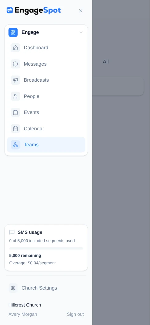 The Team Leader navigation open over the Teams page on a phone.