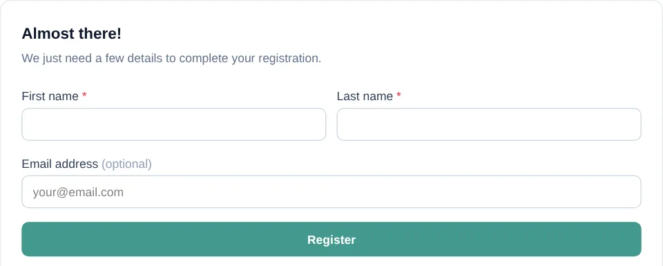 Registration details form with required first and last name fields and an optional email field.