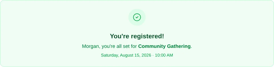 Successful Event registration showing the attendee’s first name and Event date and time.